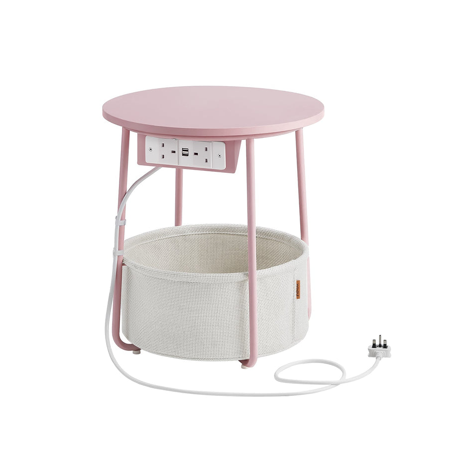 Round Side Table – Fabric – Jelly Pink and Cream White – With Charging Station and USB Ports