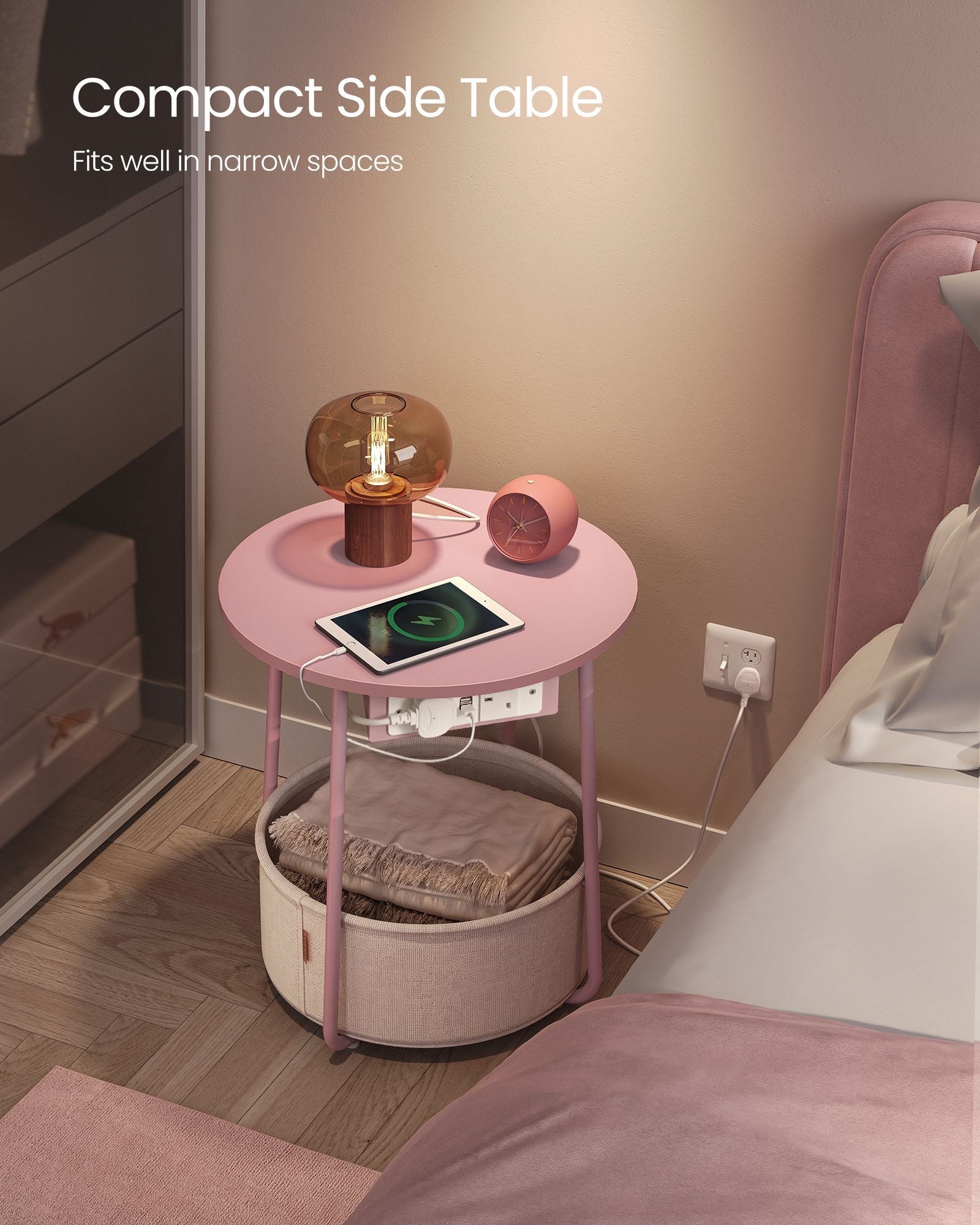 Round Side Table – Fabric – Jelly Pink and Cream White – With Charging Station and USB Ports