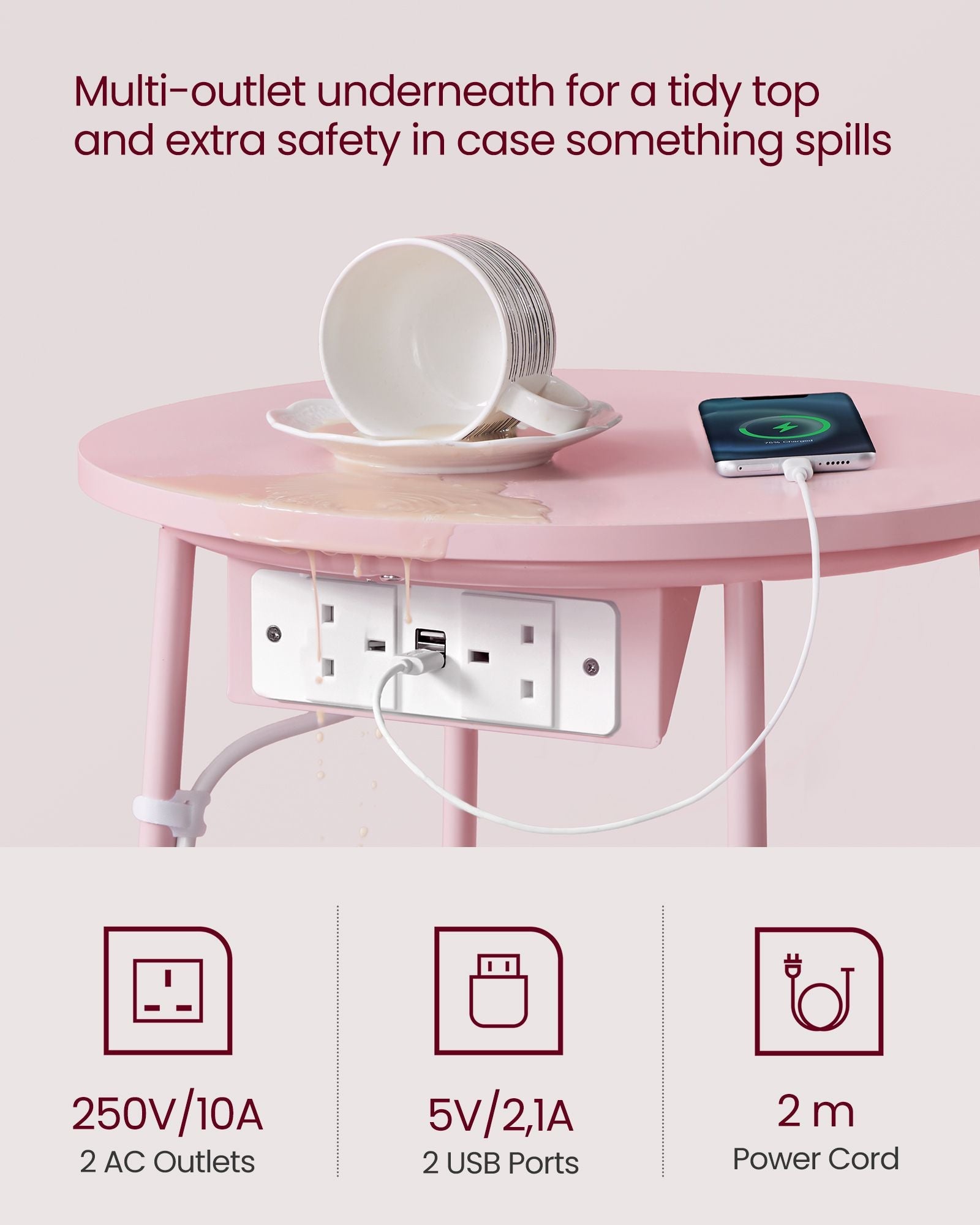 Round Side Table – Fabric – Jelly Pink and Cream White – With Charging Station and USB Ports