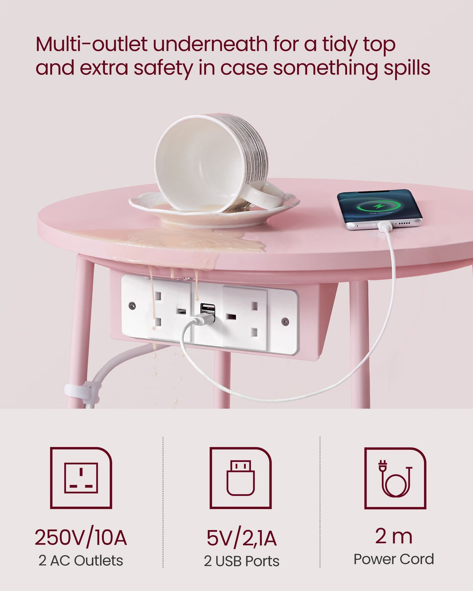 Round Side Table – Fabric – Jelly Pink and Cream White – With Charging Station and USB Ports