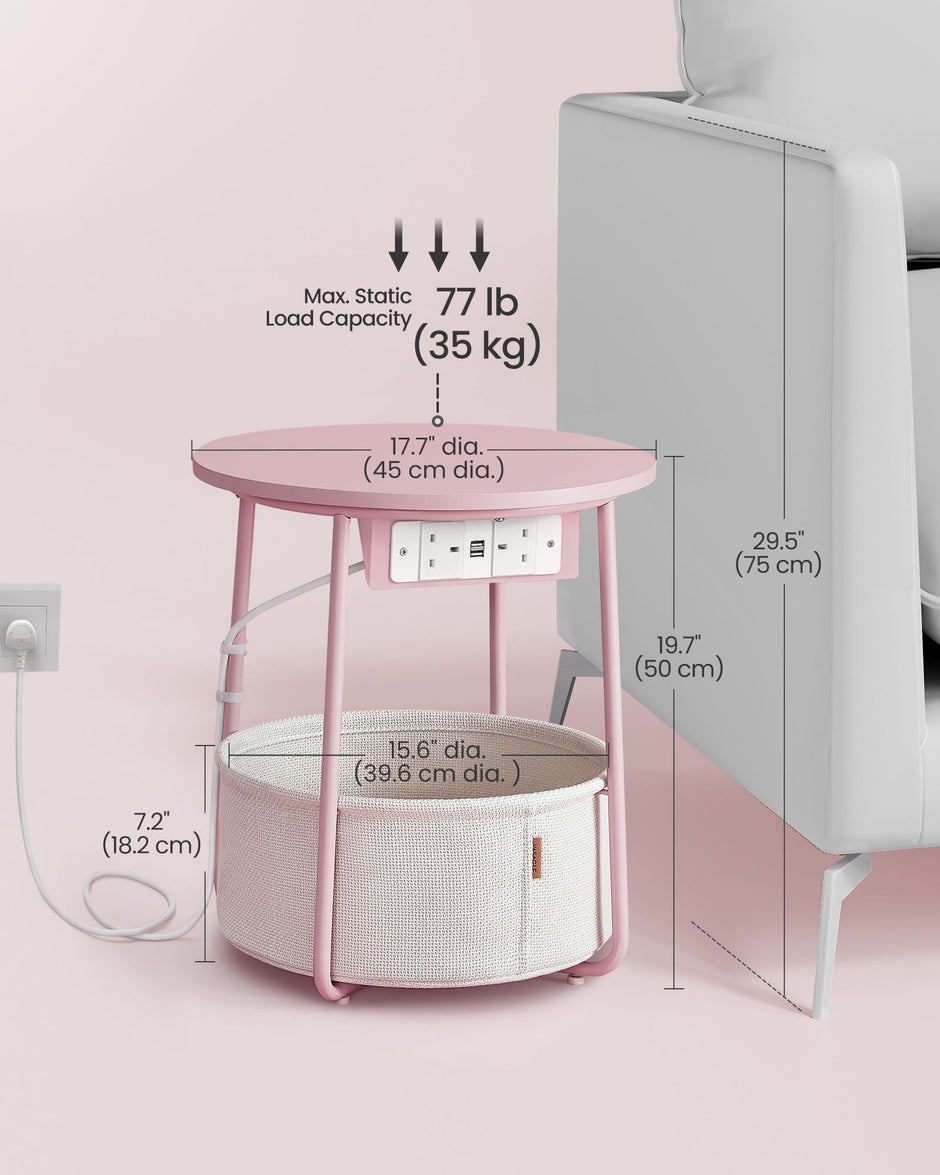 Round Side Table – Fabric – Jelly Pink and Cream White – With Charging Station and USB Ports