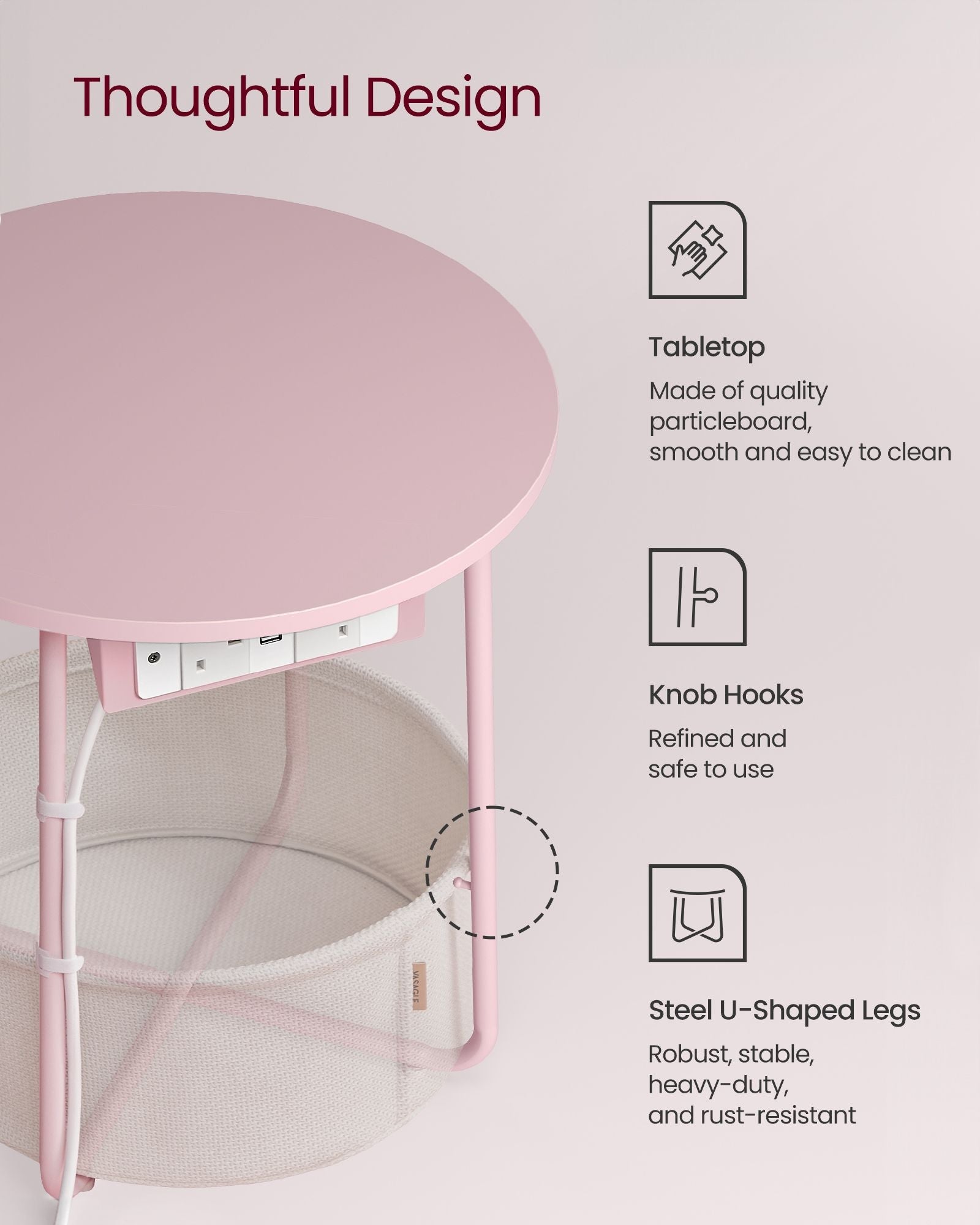 Round Side Table – Fabric – Jelly Pink and Cream White – With Charging Station and USB Ports