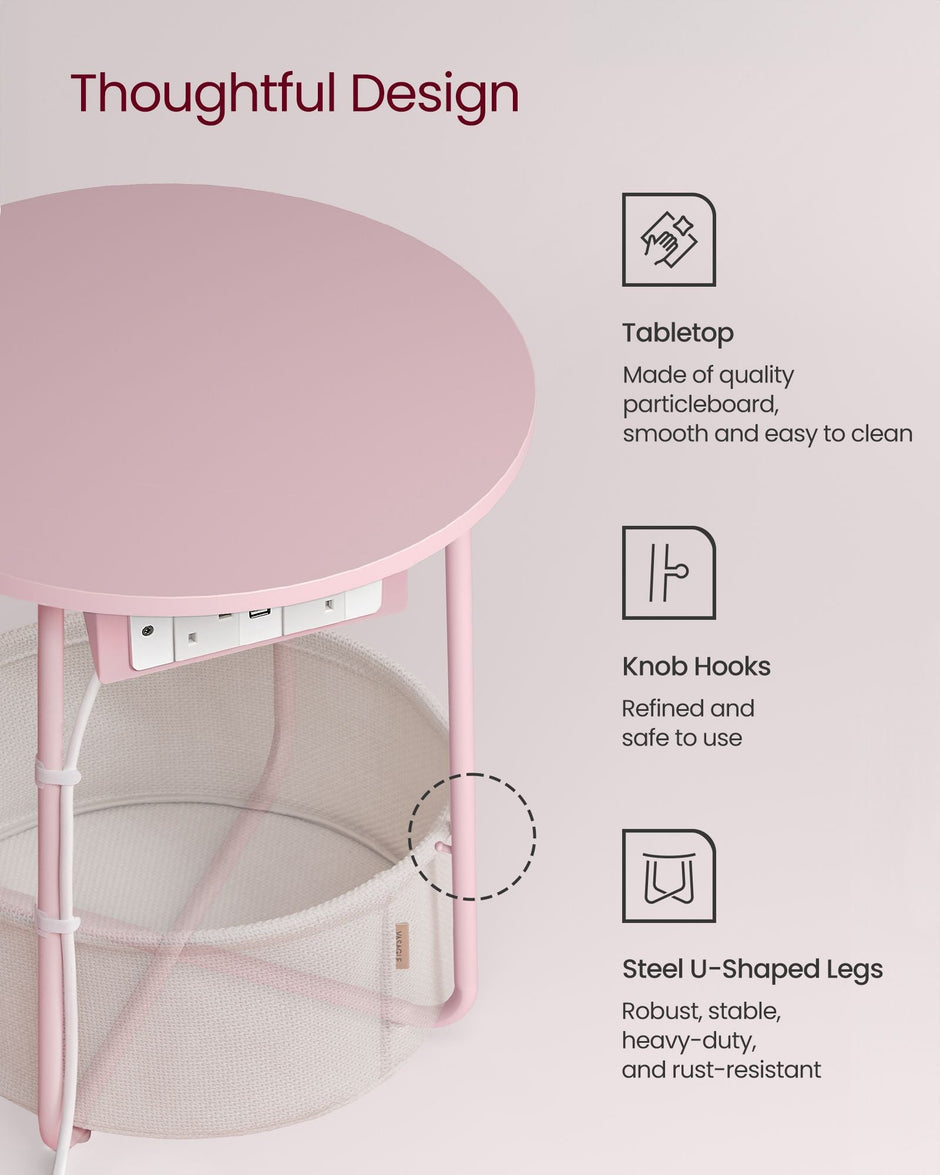 Round Side Table – Fabric – Jelly Pink and Cream White – With Charging Station and USB Ports