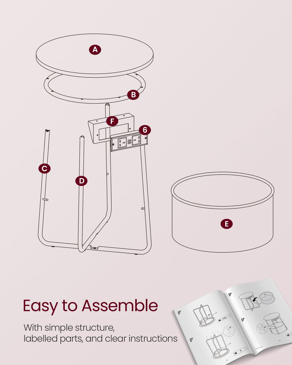 Round Side Table – Fabric – Jelly Pink and Cream White – With Charging Station and USB Ports