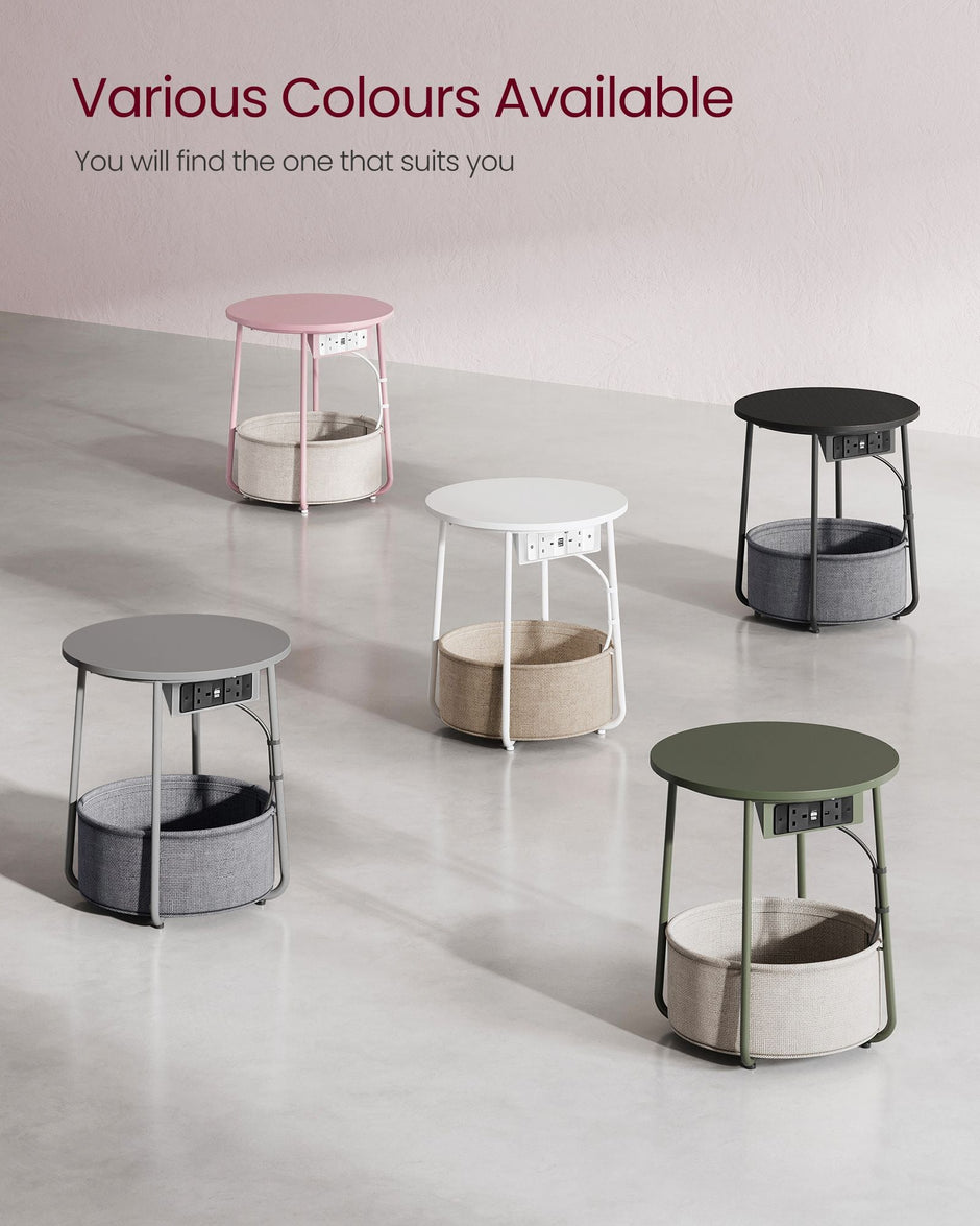 Round Side Table – Fabric – Jelly Pink and Cream White – With Charging Station and USB Ports