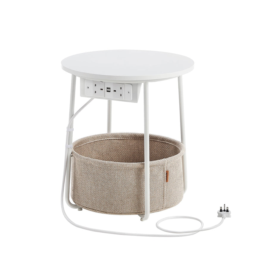 Round Side Table – Wood and Fabric – White – Includes Power Outlets and USB Ports