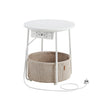 Round Side Table – Wood and Fabric – White – Includes Power Outlets and USB Ports