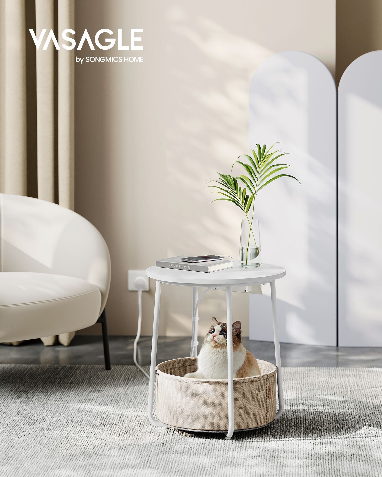 Round Side Table – Wood and Fabric – White – Includes Power Outlets and USB Ports