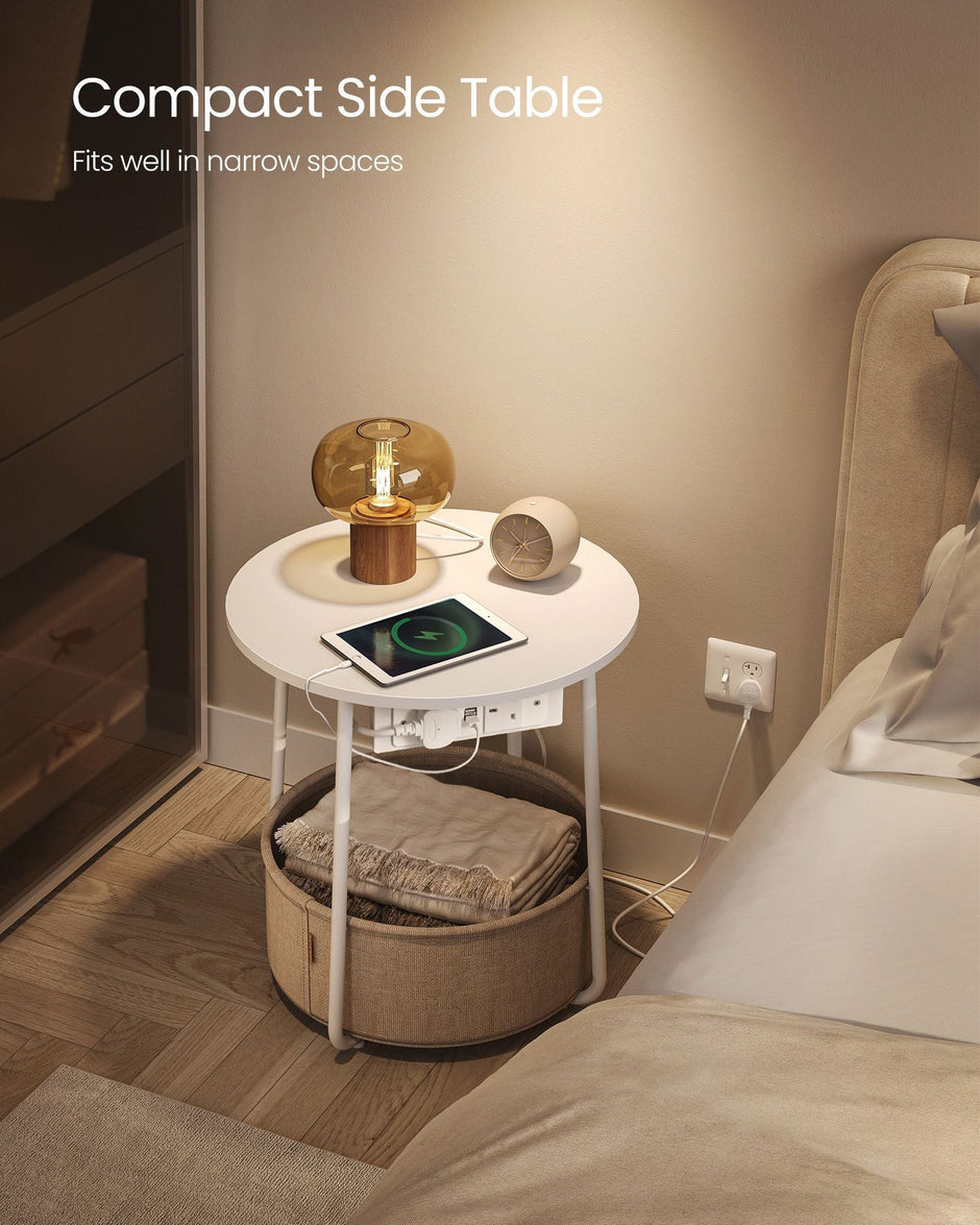 Round Side Table – Wood and Fabric – White – Includes Power Outlets and USB Ports