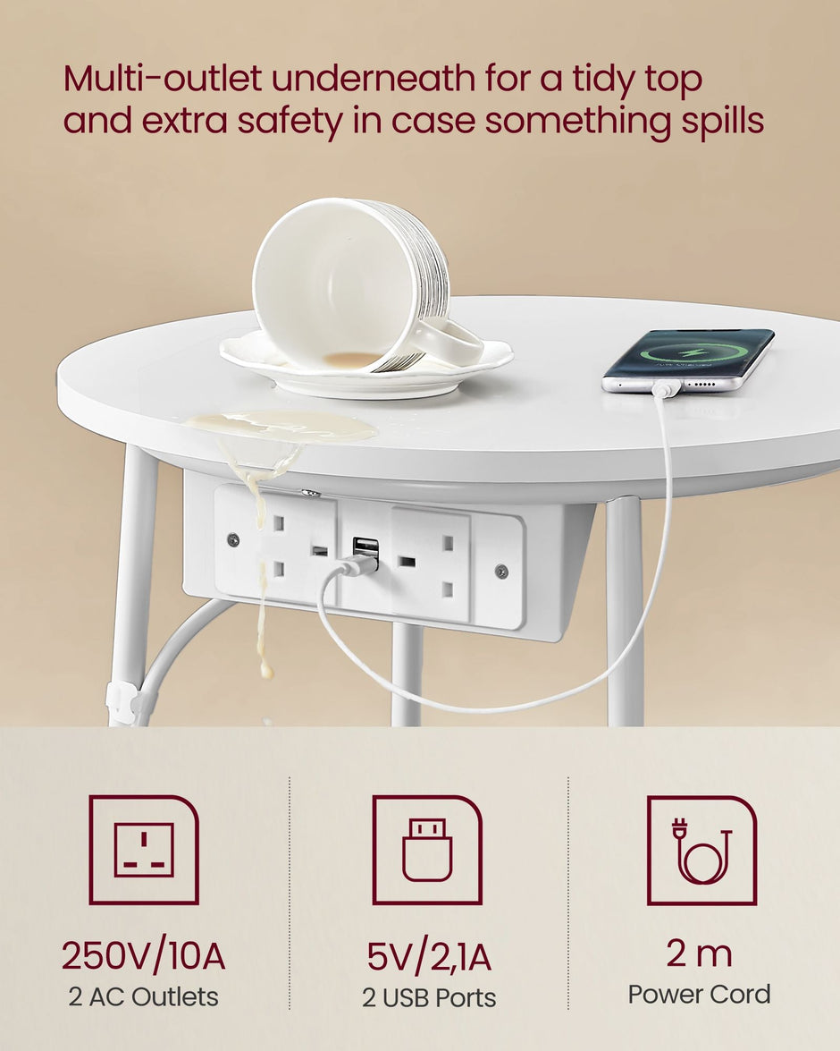 Round Side Table – Wood and Fabric – White – Includes Power Outlets and USB Ports