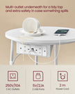 Round Side Table – Wood and Fabric – White – Includes Power Outlets and USB Ports