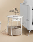 Round Side Table – Wood and Fabric – White – Includes Power Outlets and USB Ports