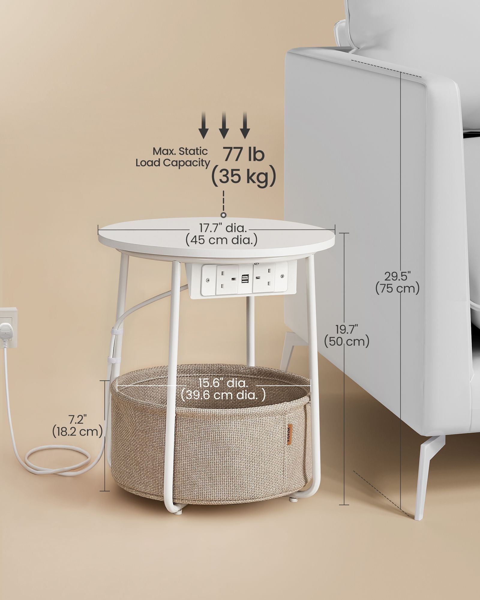 Side Table – Matte White and Camel Brown – Round with Power Outlets and USB Ports