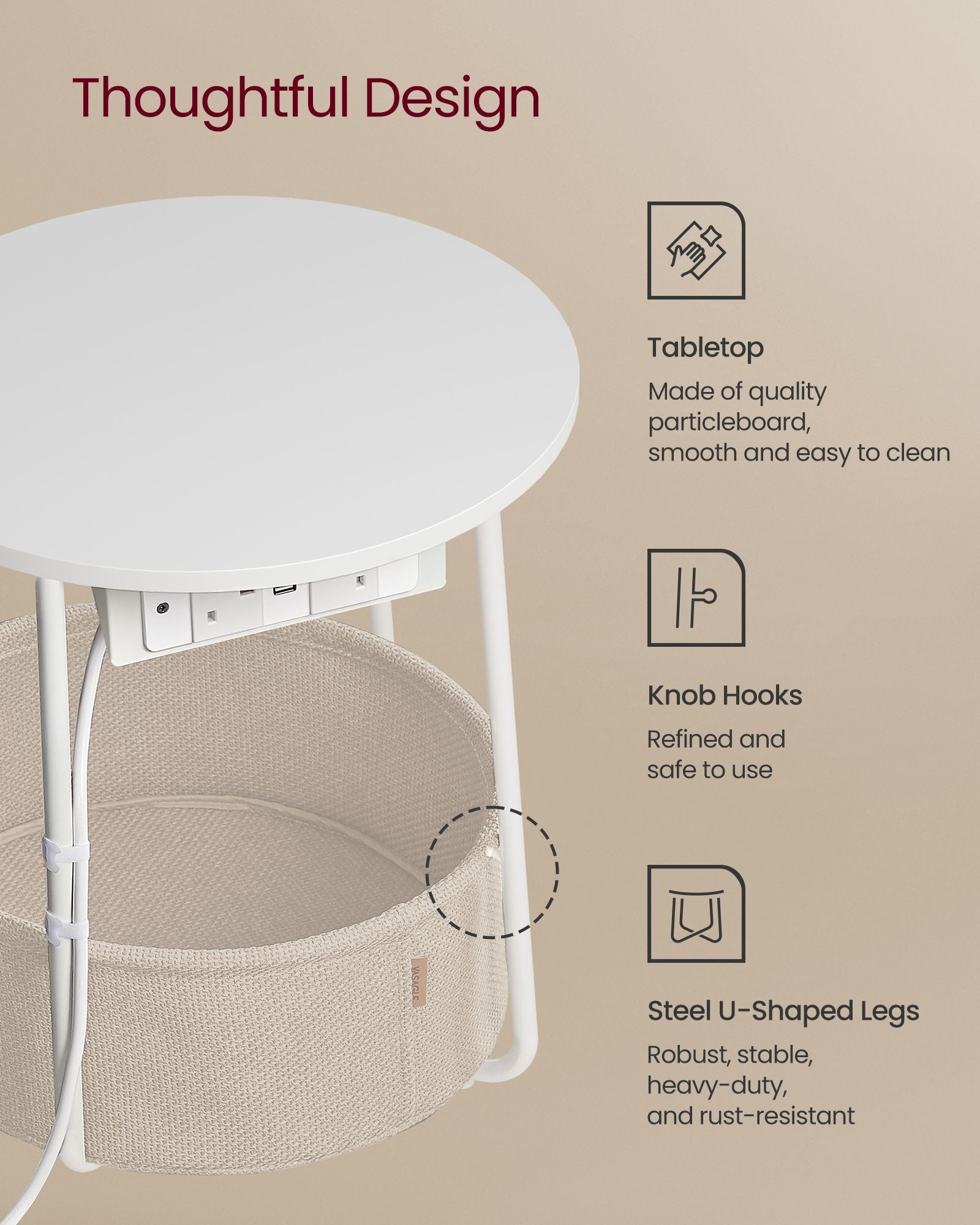 Side Table – Matte White and Camel Brown – Round with Power Outlets and USB Ports