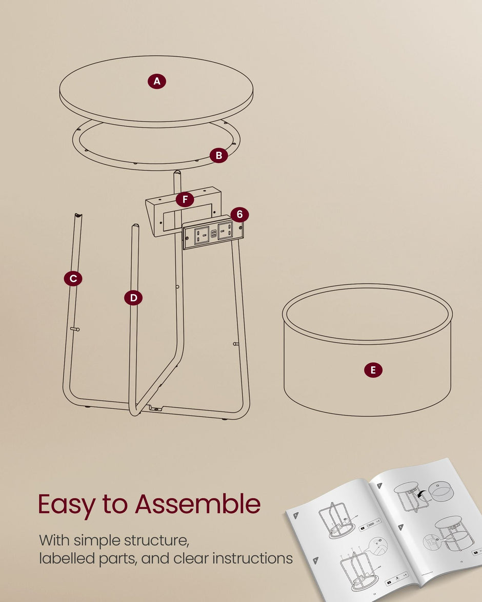 Side Table – Matte White and Camel Brown – Round with Power Outlets and USB Ports