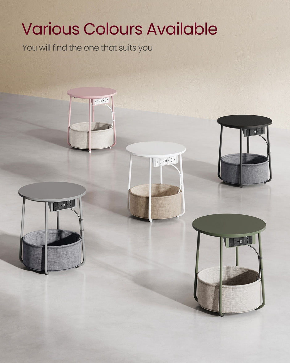 Round Side Table – Wood and Fabric – White – Includes Power Outlets and USB Ports