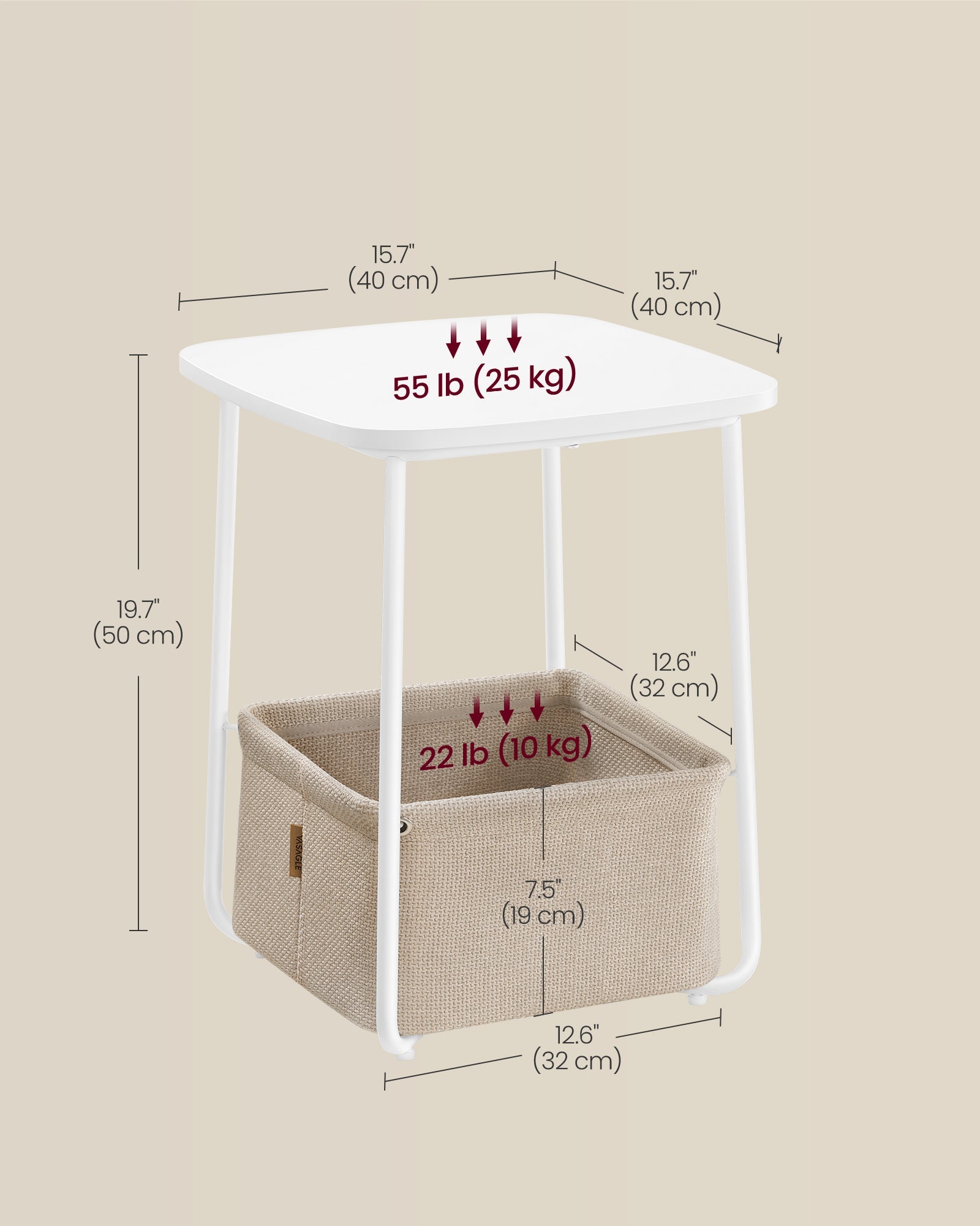 Square Side Table – Matte Finish – White and Camel Brown – With Fabric Basket
