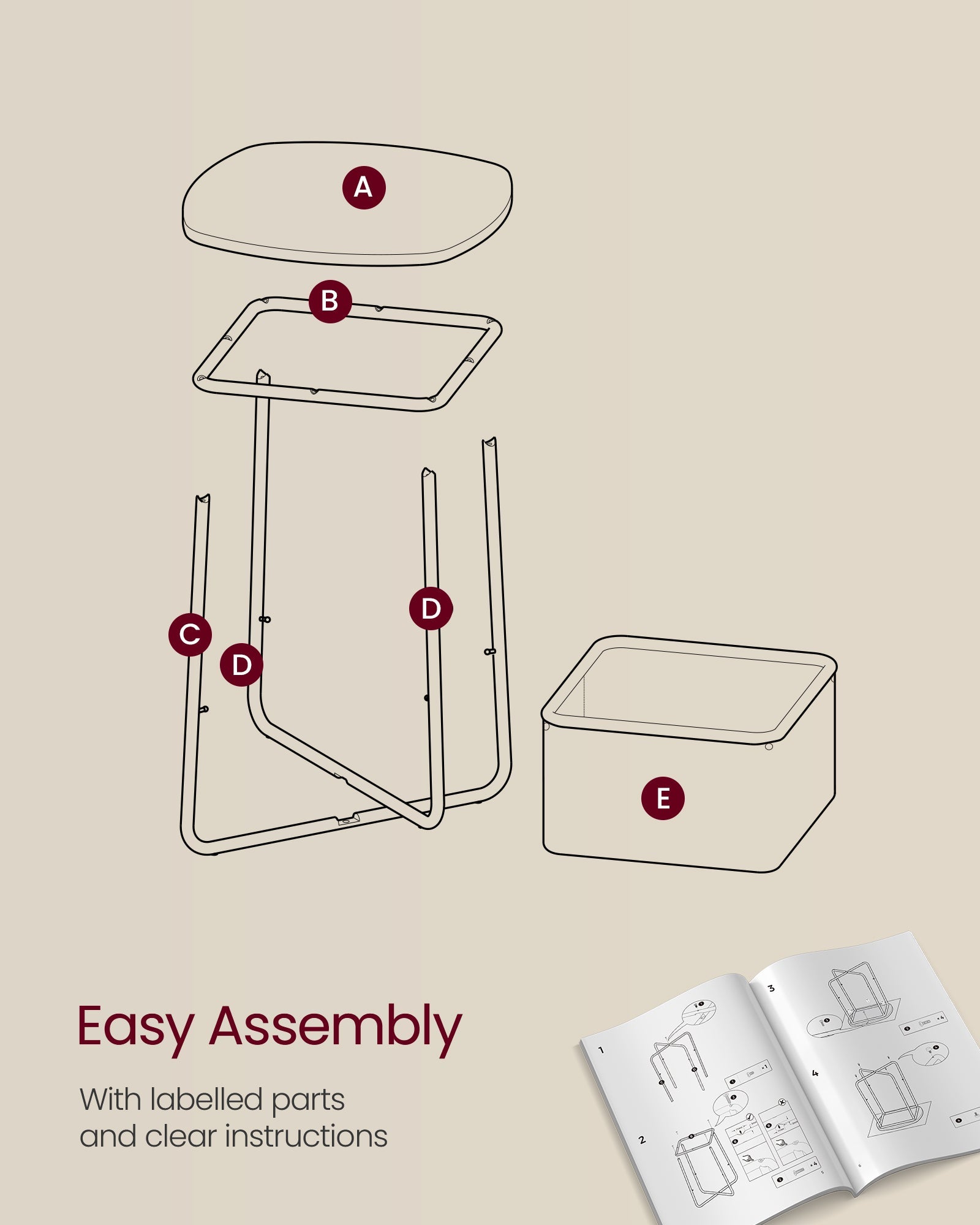 Square Side Table – Matte Finish – White and Camel Brown – With Fabric Basket