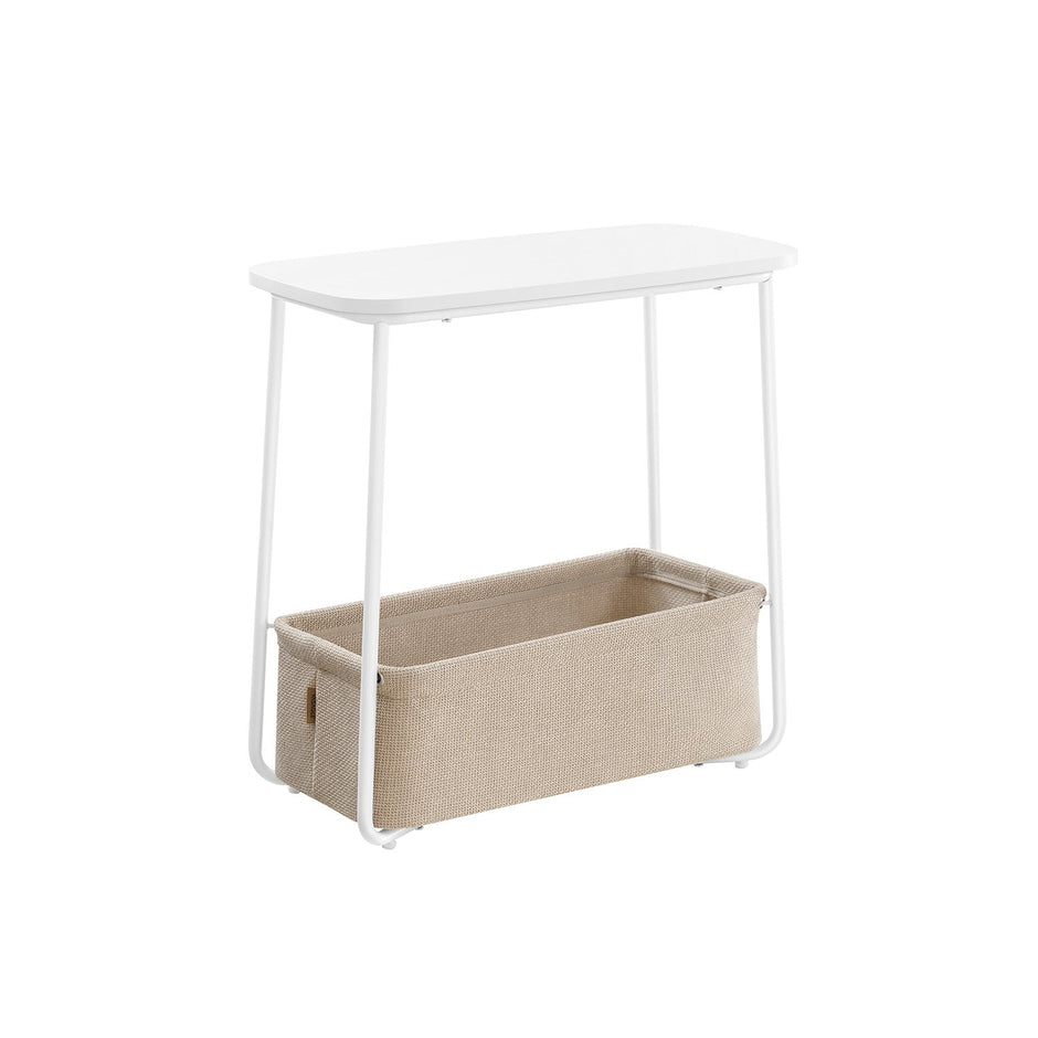 Rectangular Side Table – Wood and Fabric – Matte White and Camel Brown – Modern Design with Storage Basket