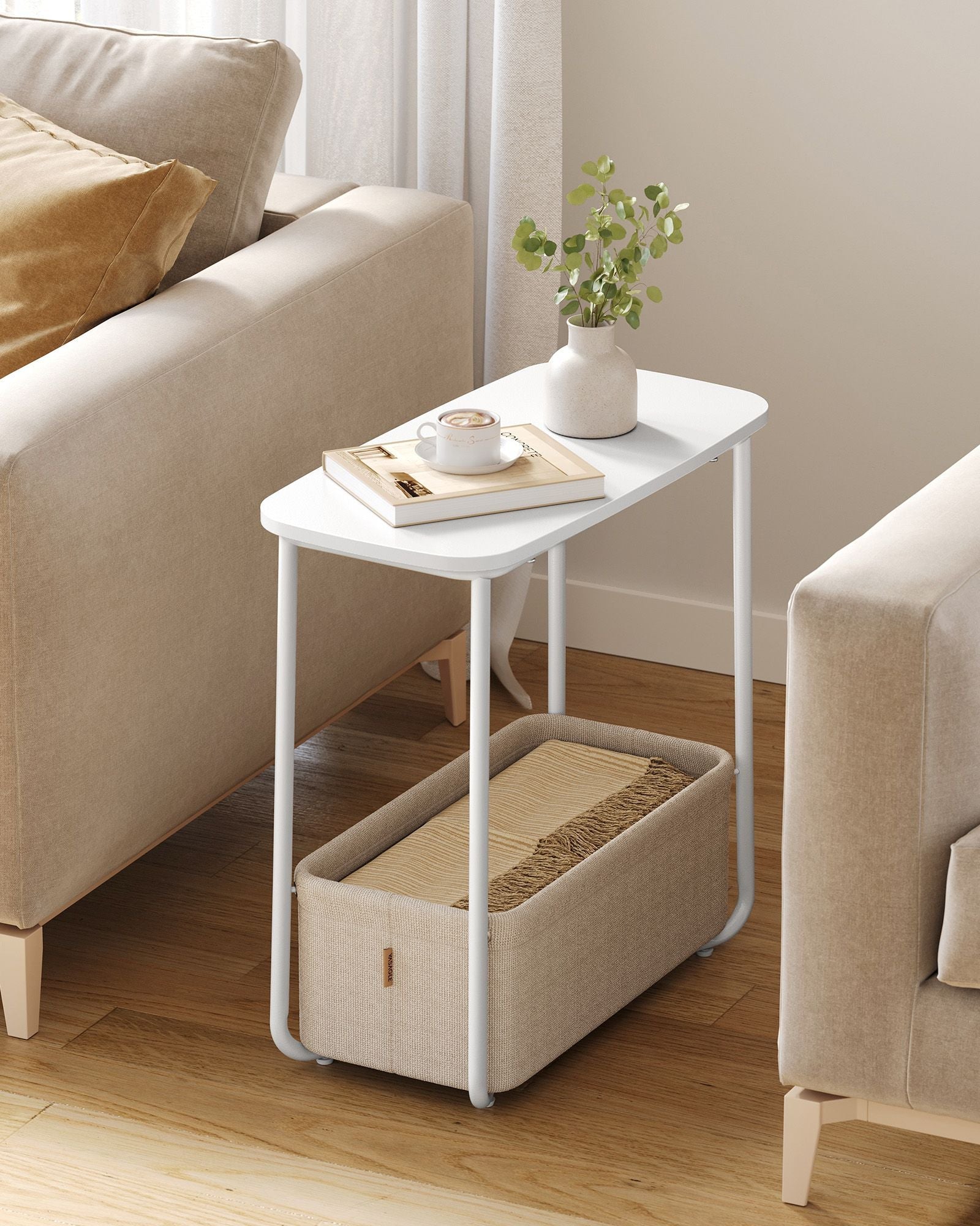 Rectangular Side Table – Wood and Fabric – Matte White and Camel Brown – Modern Design with Storage Basket