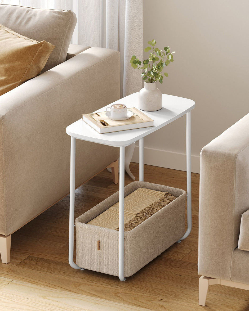 Rectangular Side Table – Wood and Fabric – Matte White and Camel Brown – Modern Design with Storage Basket