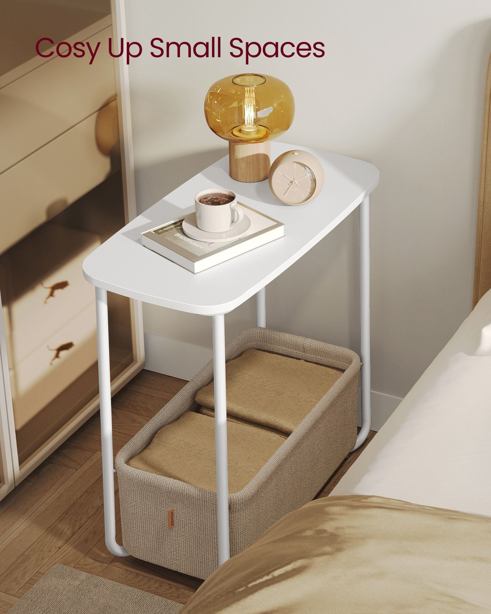 Rectangular Side Table – Wood and Fabric – Matte White and Camel Brown – Modern Design with Storage Basket