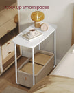 Rectangular Side Table – Wood and Fabric – Matte White and Camel Brown – Modern Design with Storage Basket