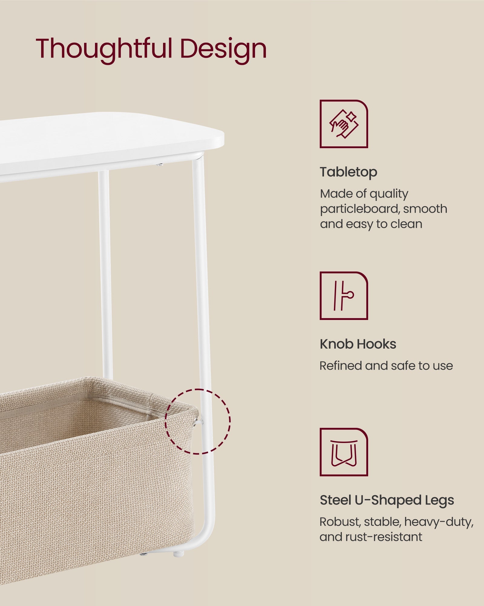 Rectangular Side Table – Wood and Fabric – Matte White and Camel Brown – Modern Design with Storage Basket