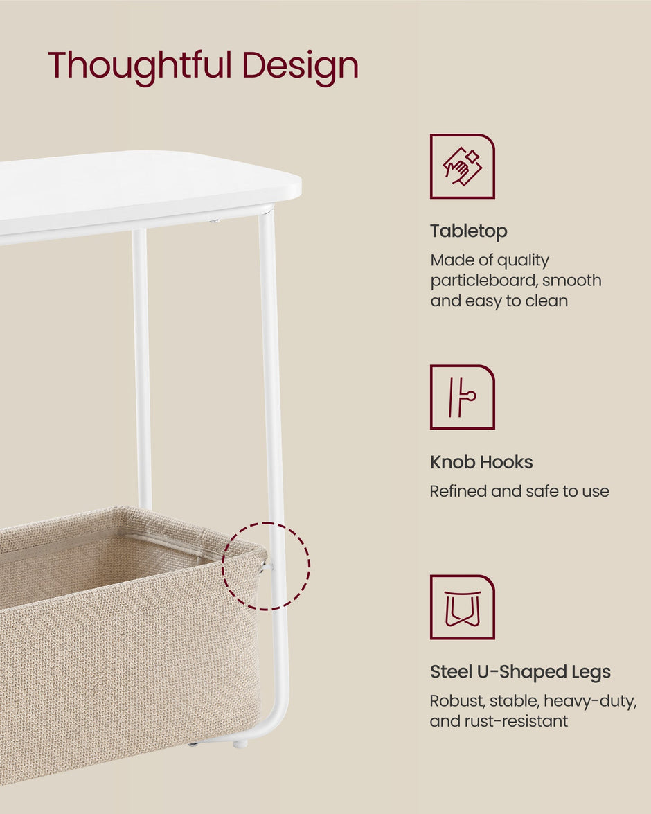 Rectangular Side Table – Wood and Fabric – Matte White and Camel Brown – Modern Design with Storage Basket