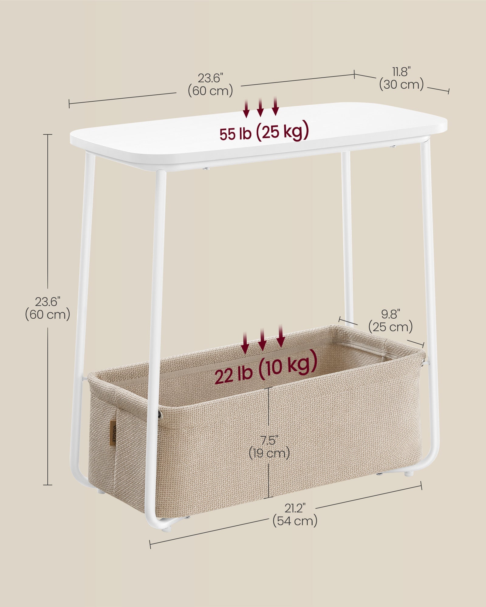 Rectangular Side Table – Wood and Fabric – Matte White and Camel Brown – Modern Design with Storage Basket