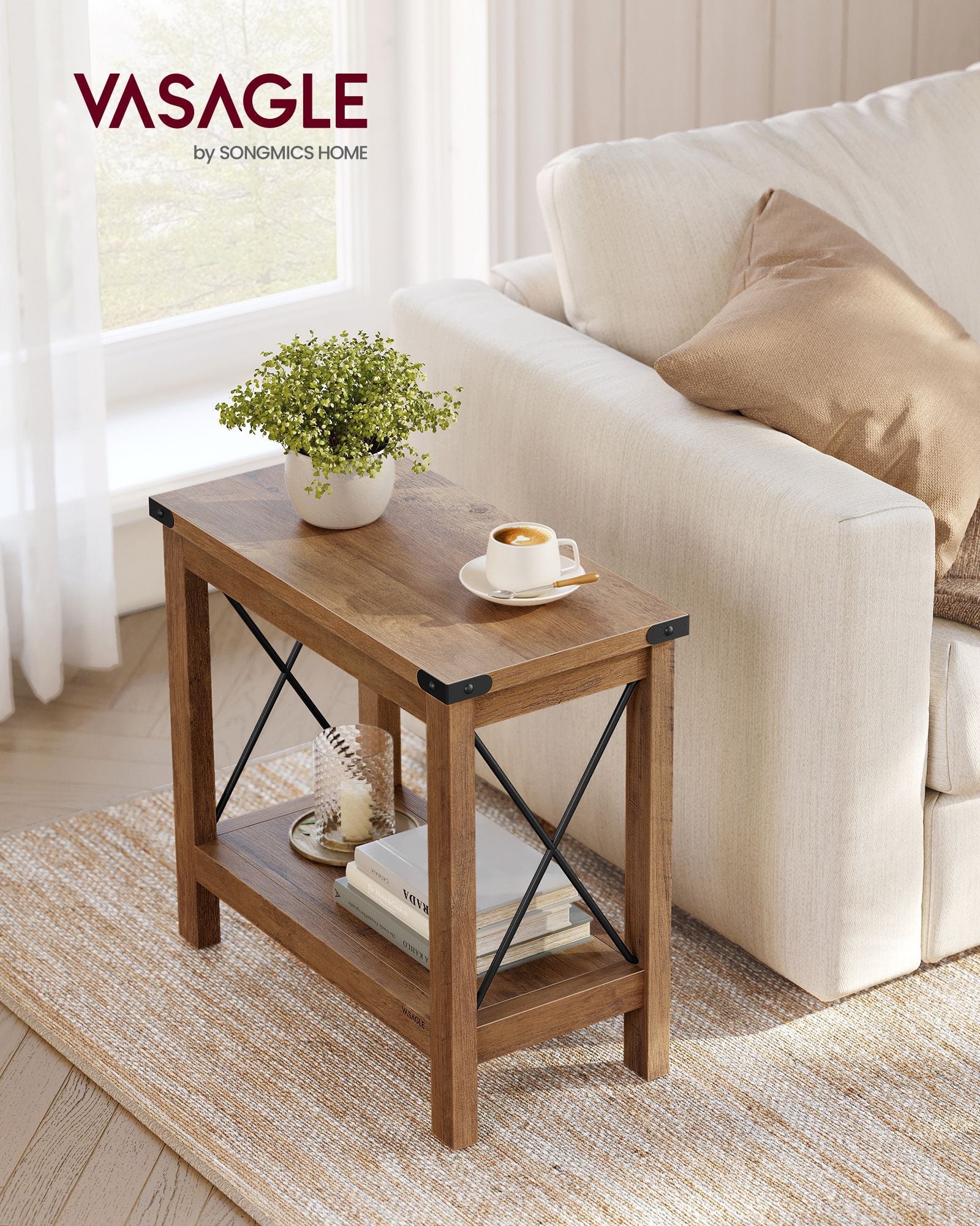 2-Tier Side Table – Wood – Honey Brown – Compact Design with Bottom Shelf