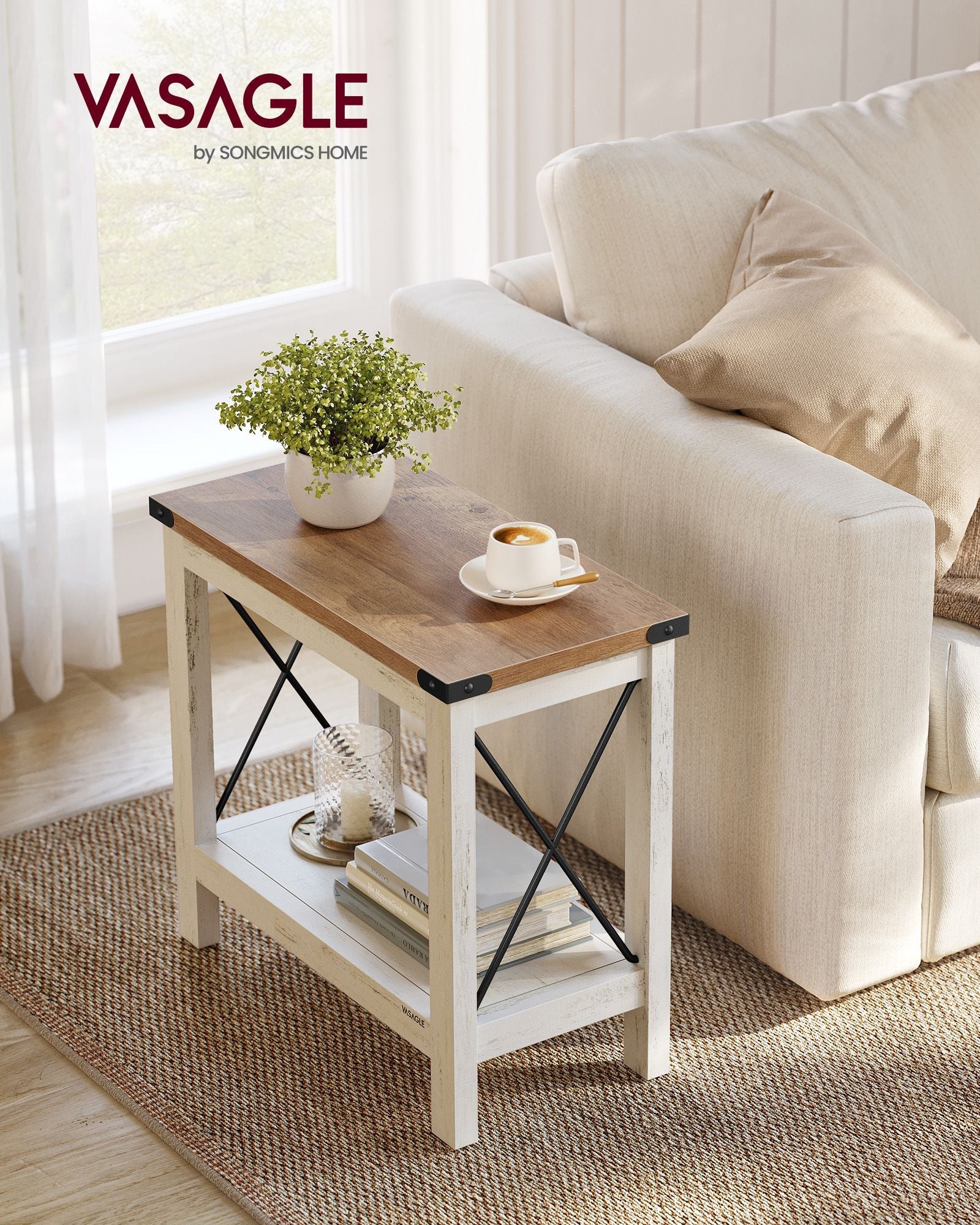 2-Tier Side Table – Wood – Rustic White and Honey Brown – Bottom Shelf for Small Spaces