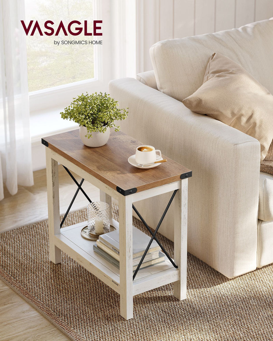 2-Tier Side Table – Wood – Rustic White and Honey Brown – Bottom Shelf for Small Spaces