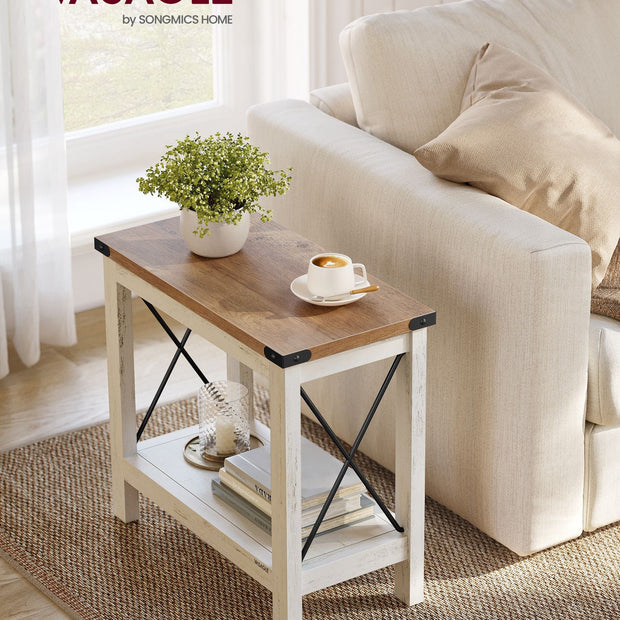 2-Tier Side Table – Wood – Rustic White and Honey Brown – Bottom Shelf for Small Spaces