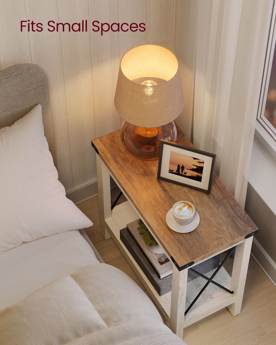 2-Tier Side Table – Wood – Rustic White and Honey Brown – Bottom Shelf for Small Spaces