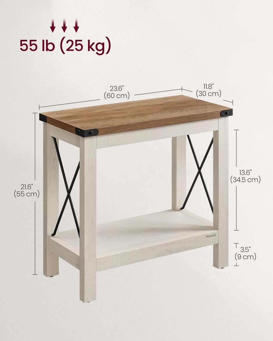 2-Tier Side Table – Wood – Rustic White and Honey Brown – Bottom Shelf for Small Spaces