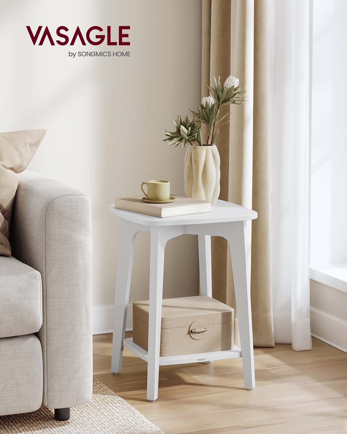 Side Table – Wood – Cloud White – Small Square Design with Lower Shelf