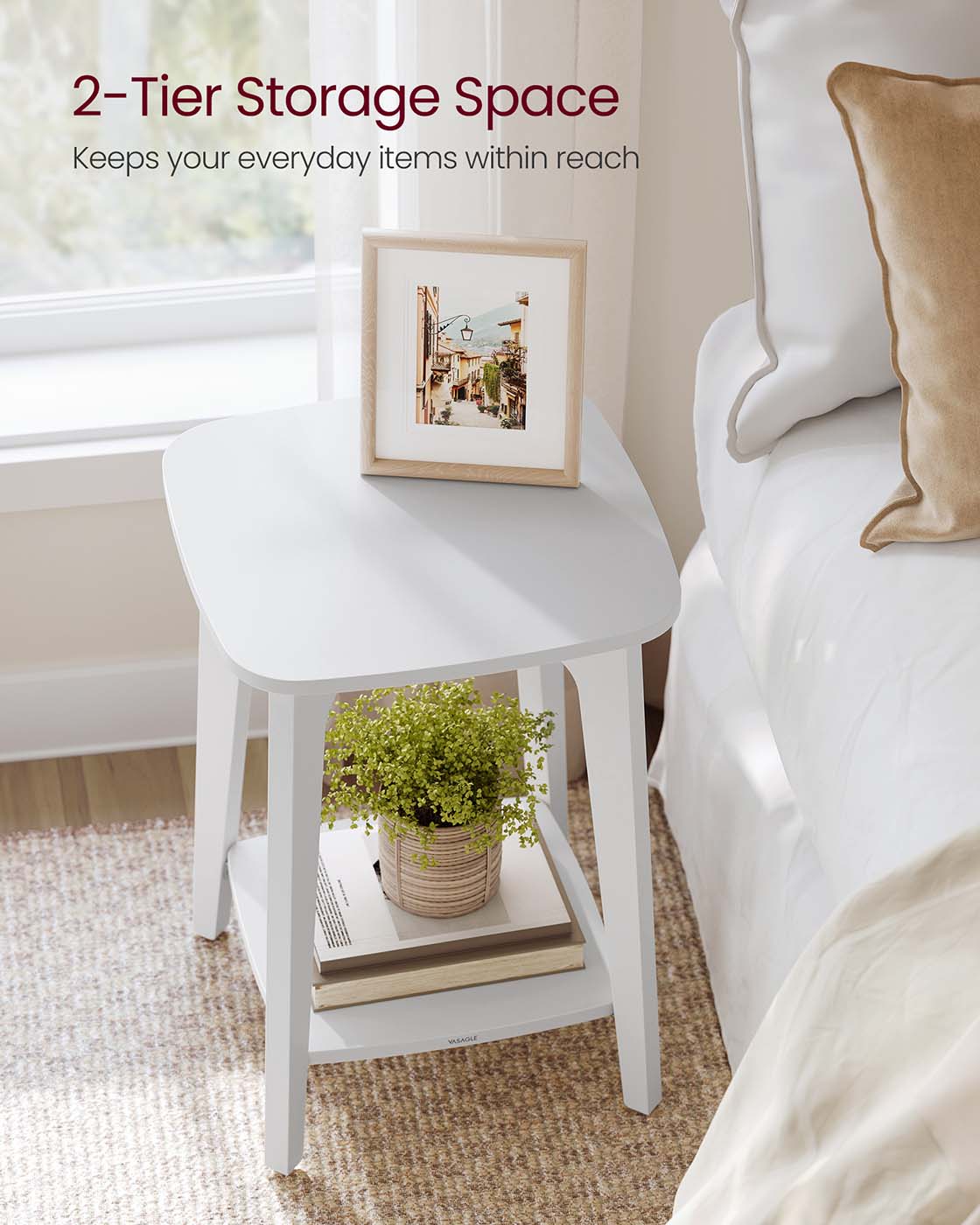 Side Table – Wood – Cloud White – Small Square Design with Lower Shelf