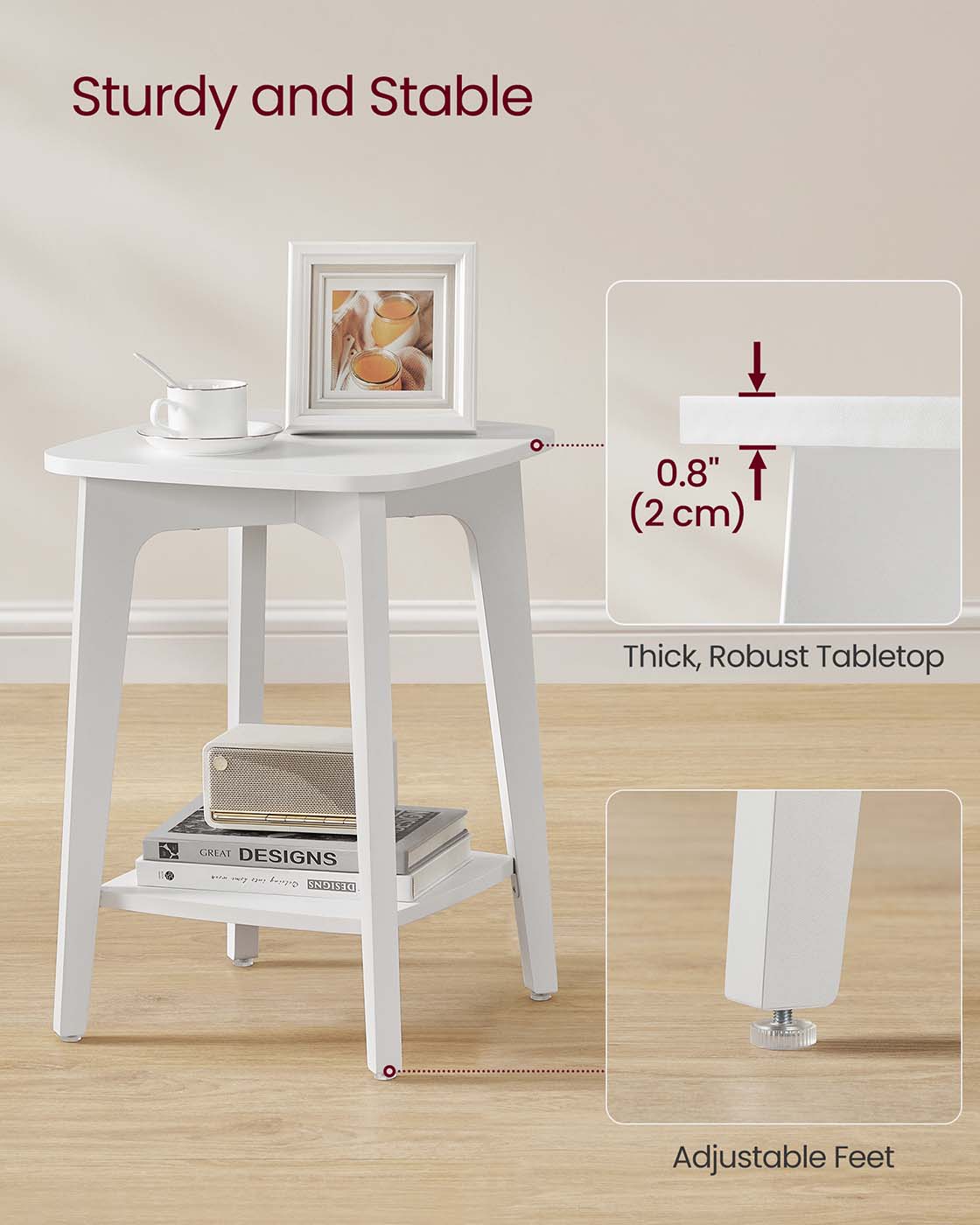 Side Table – Wood – Cloud White – Small Square Design with Lower Shelf