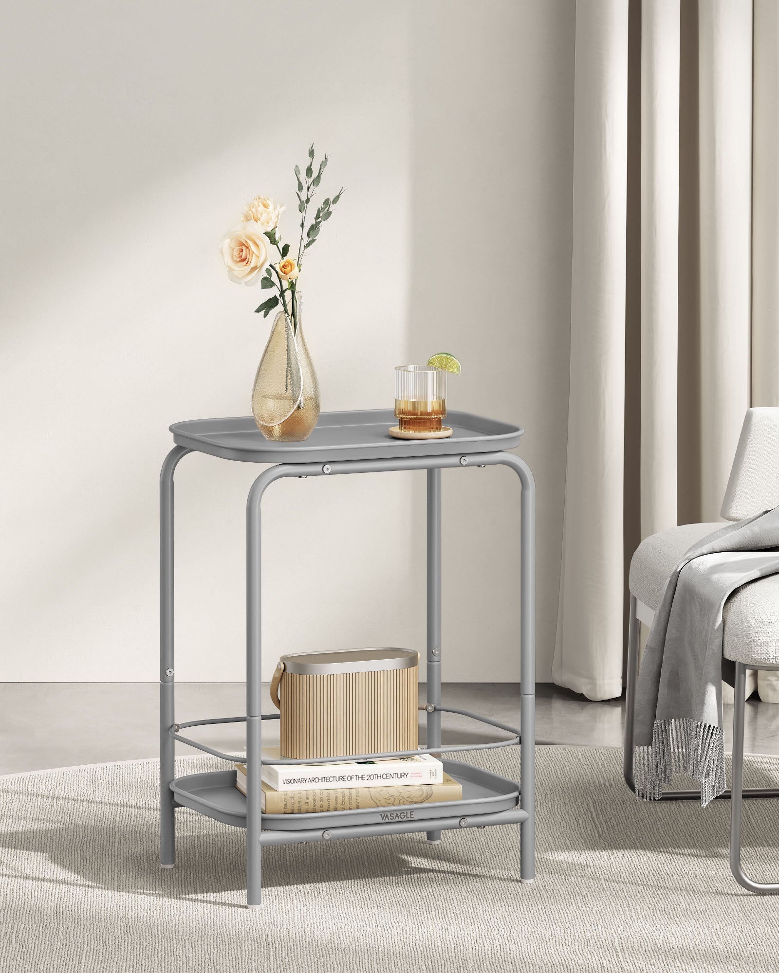 2-Tier Metal Side Table – Metal – Dove Grey – Tray Surface for Versatile Use