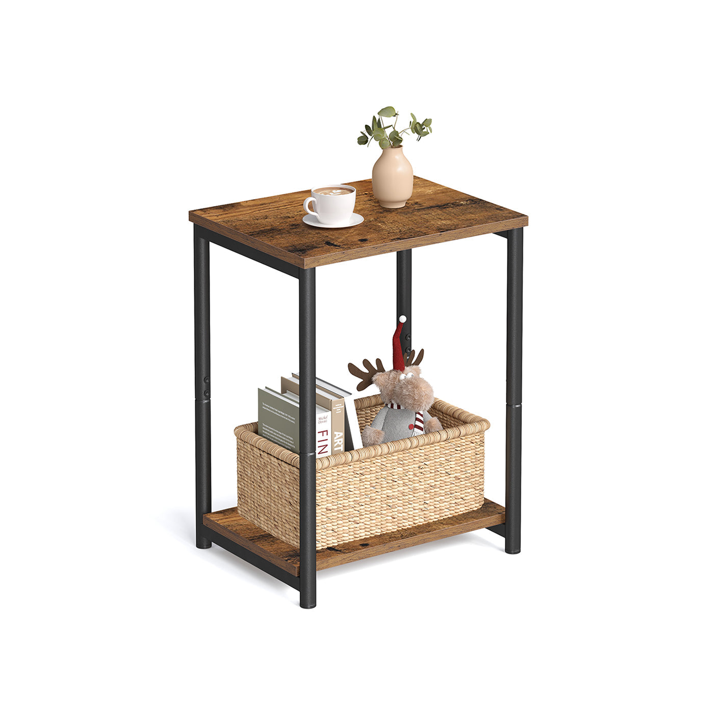 Industrial Side Table – Steel Frame – Rustic Brown/Black – Multi-Use with Storage Shelf