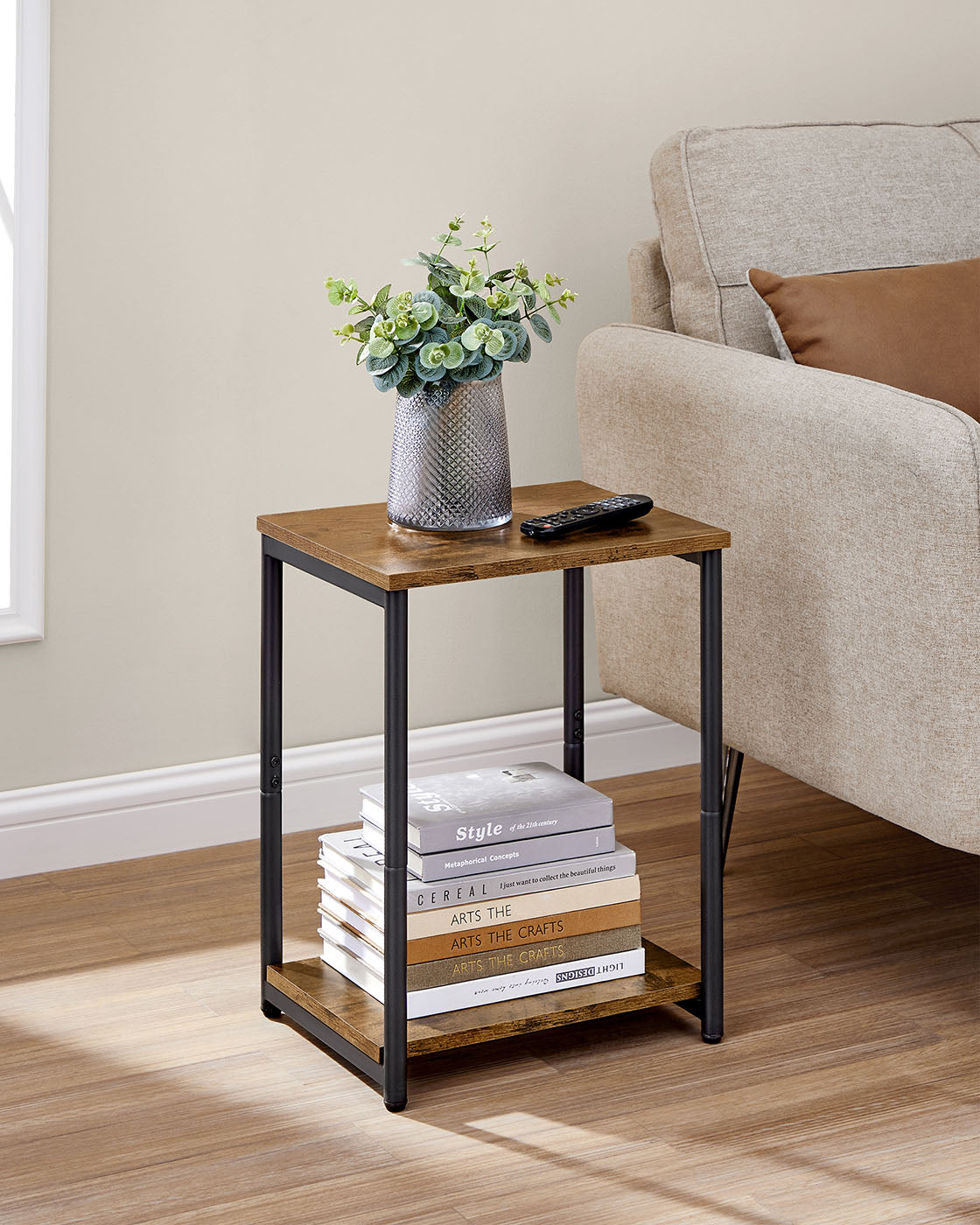 Industrial Side Table – Steel Frame – Rustic Brown/Black – Multi-Use with Storage Shelf