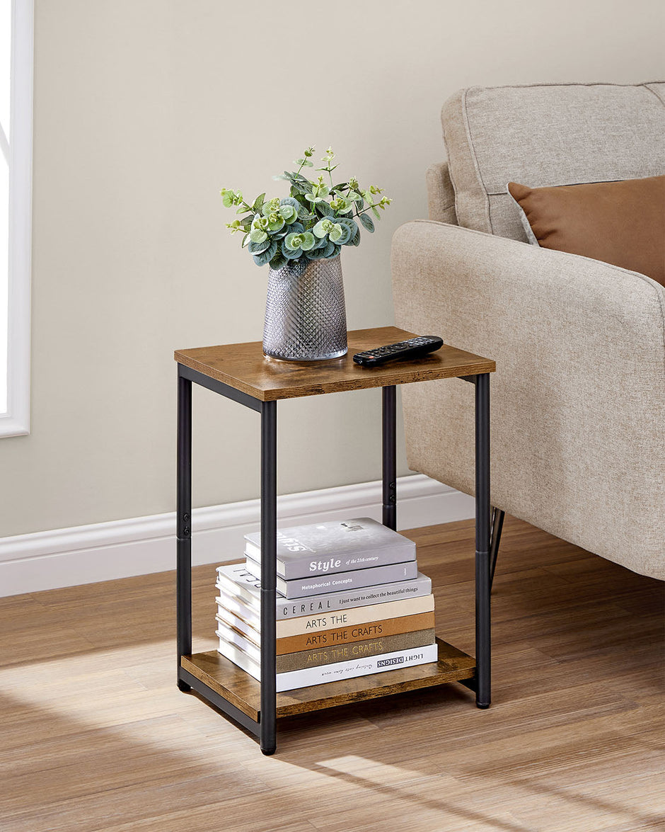 Industrial Side Table – Steel Frame – Rustic Brown/Black – Multi-Use with Storage Shelf