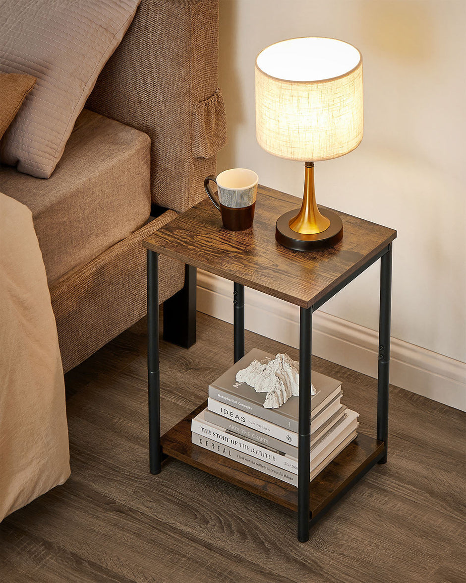 Industrial Side Table – Steel Frame – Rustic Brown/Black – Multi-Use with Storage Shelf