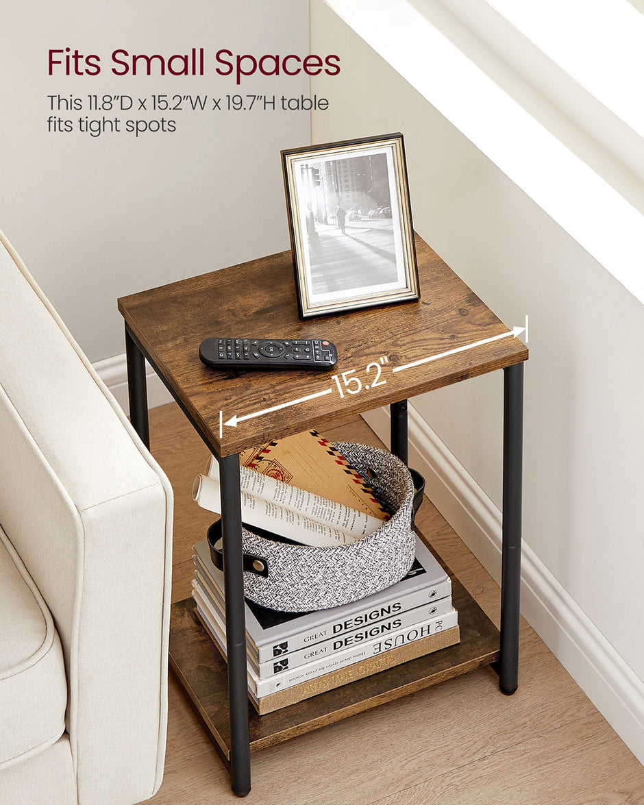 Industrial Side Table – Steel Frame – Rustic Brown/Black – Multi-Use with Storage Shelf