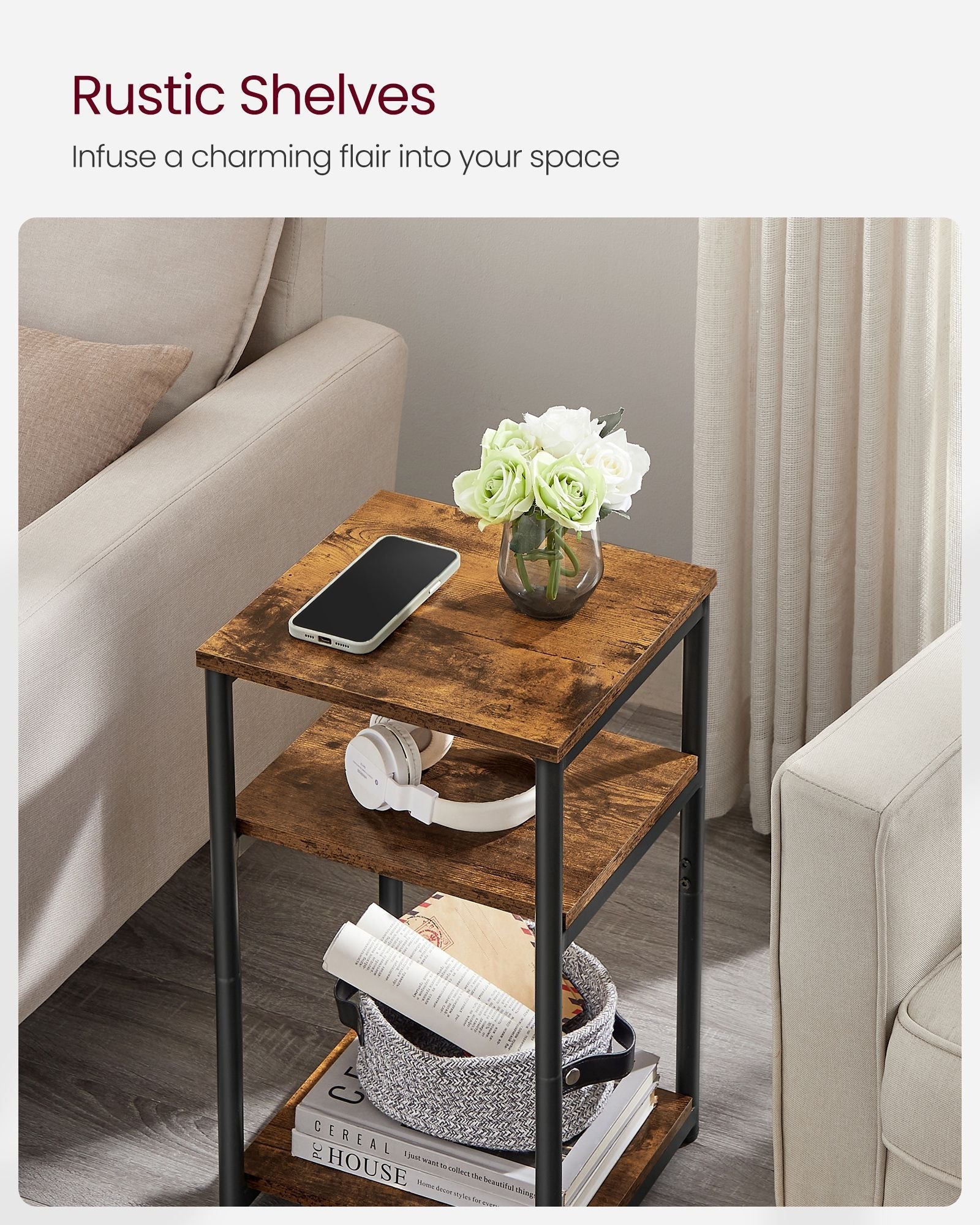 3-Tier End Table – Steel Frame – Industrial Style – Versatile for Living Room, Bedroom, Home Office