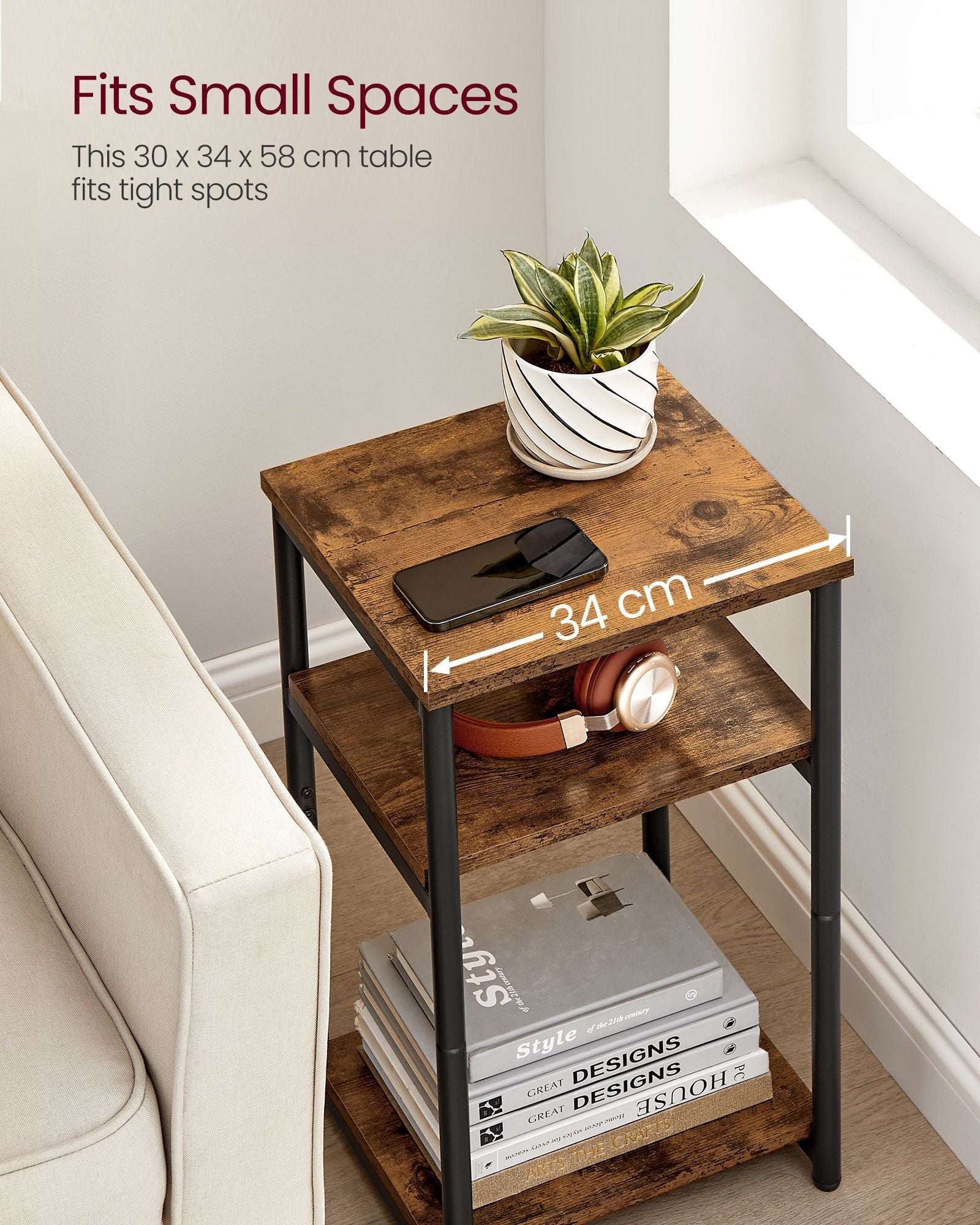 3-Tier End Table – Steel Frame – Industrial Style – Versatile for Living Room, Bedroom, Home Office