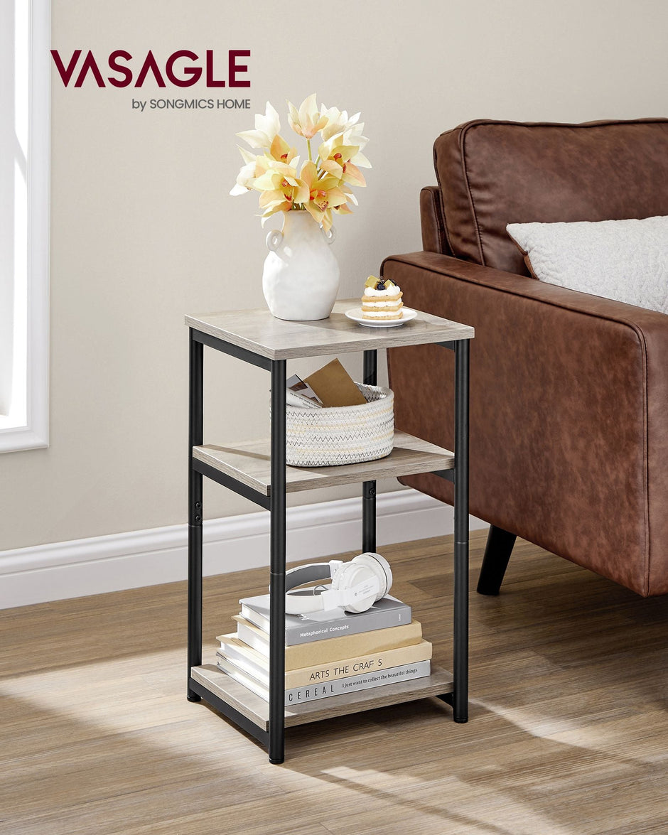 3-Tier End Table – Steel Frame – Heather Greige and Classic Black – Industrial Style