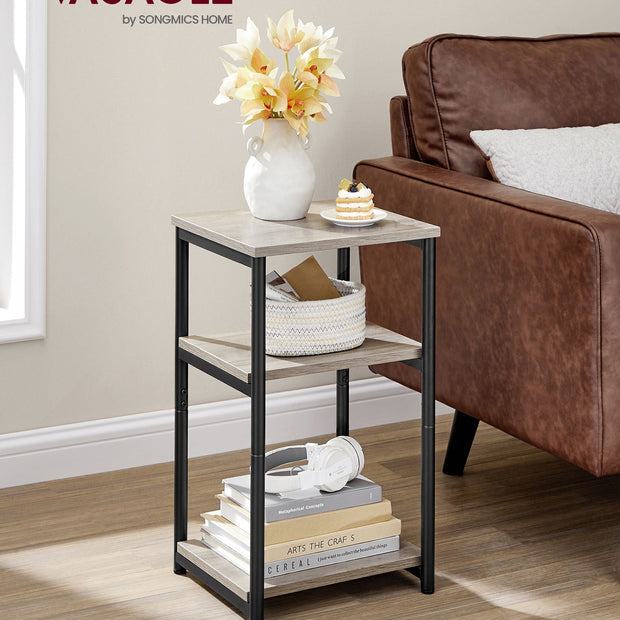 3-Tier End Table – Steel Frame – Heather Greige and Classic Black – Industrial Style