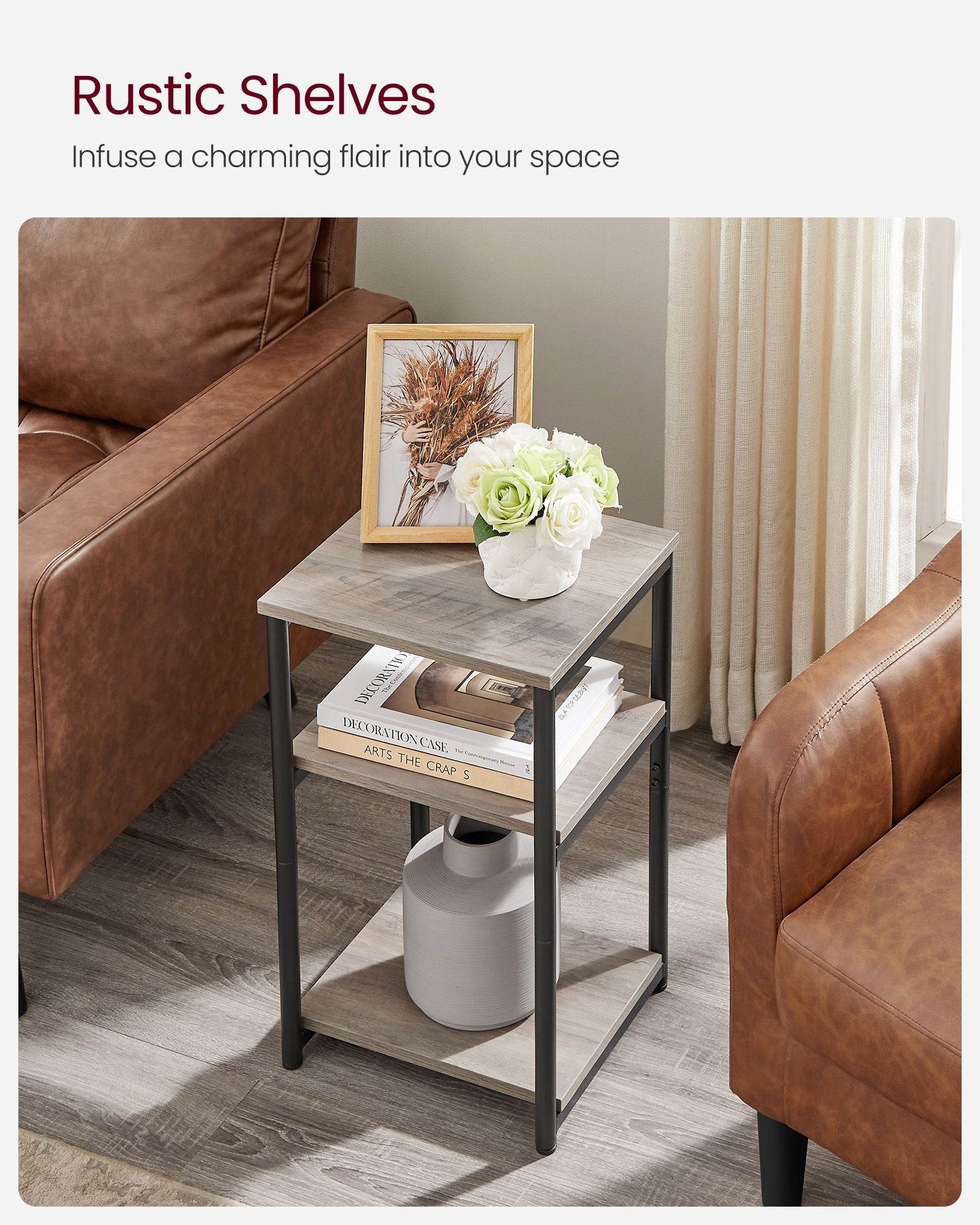 3-Tier End Table – Steel Frame – Heather Greige and Classic Black – Industrial Style